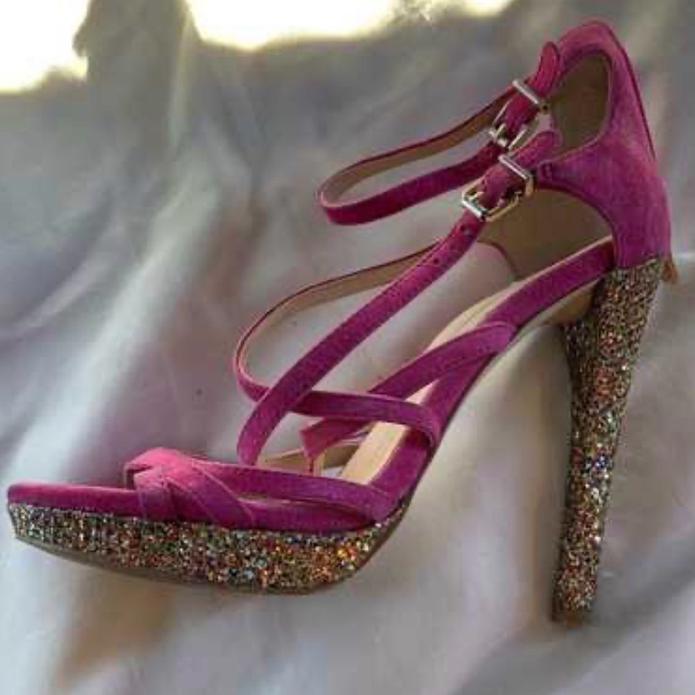 BCBG Montie Magenta Suede w/multicolor glitter platform and heel